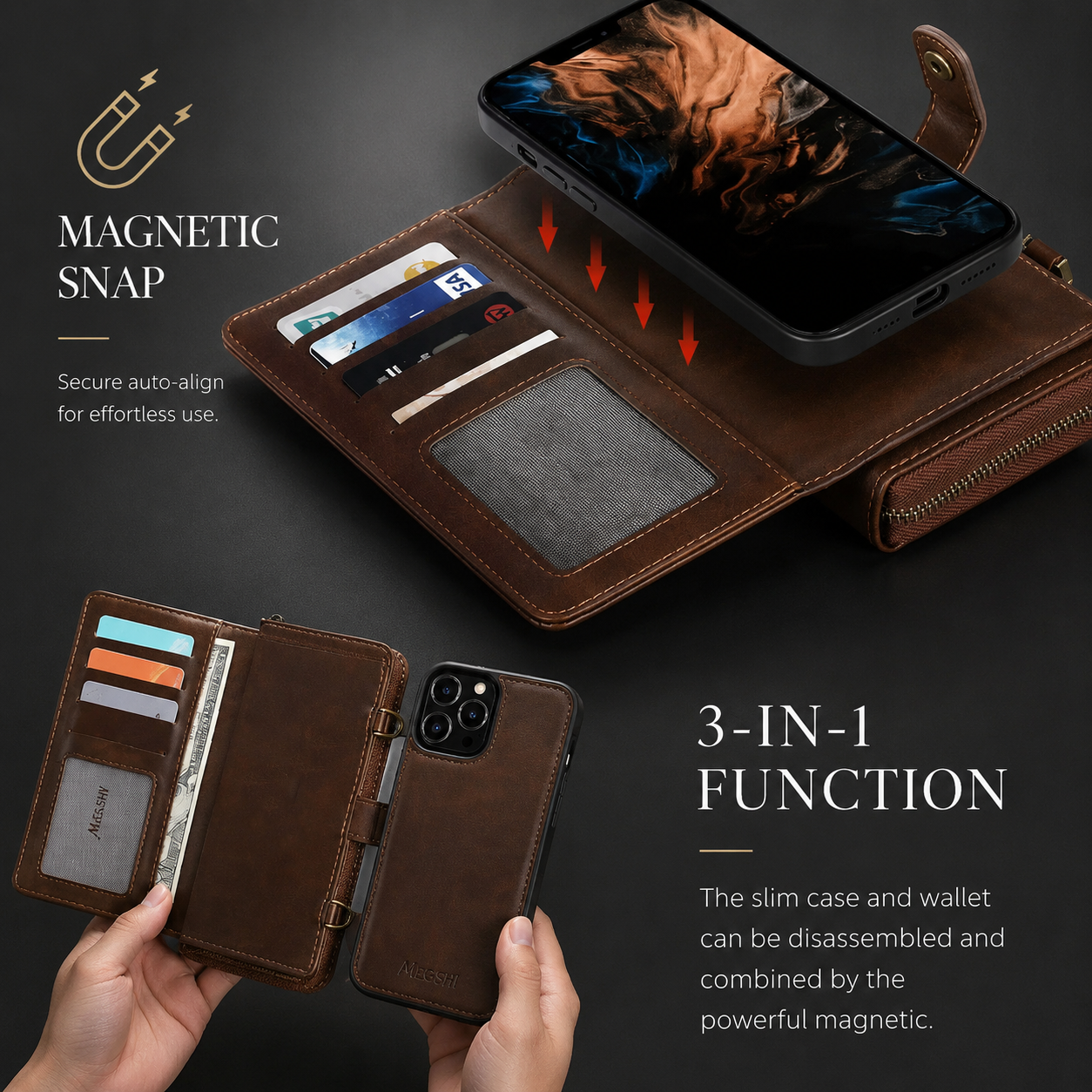 Premium iPhone Case 2 in 1 Detachable Wallet PU Leather Cover Zipper Purse Magnetic Flip Clasp Card Holder Shockproof Dual Layer Protection Lanyard