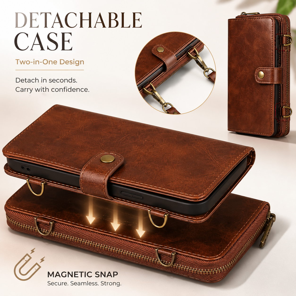 Premium iPhone Case 2 in 1 Detachable Wallet PU Leather Cover Zipper Purse Magnetic Flip Clasp Card Holder Shockproof Dual Layer Protection Lanyard
