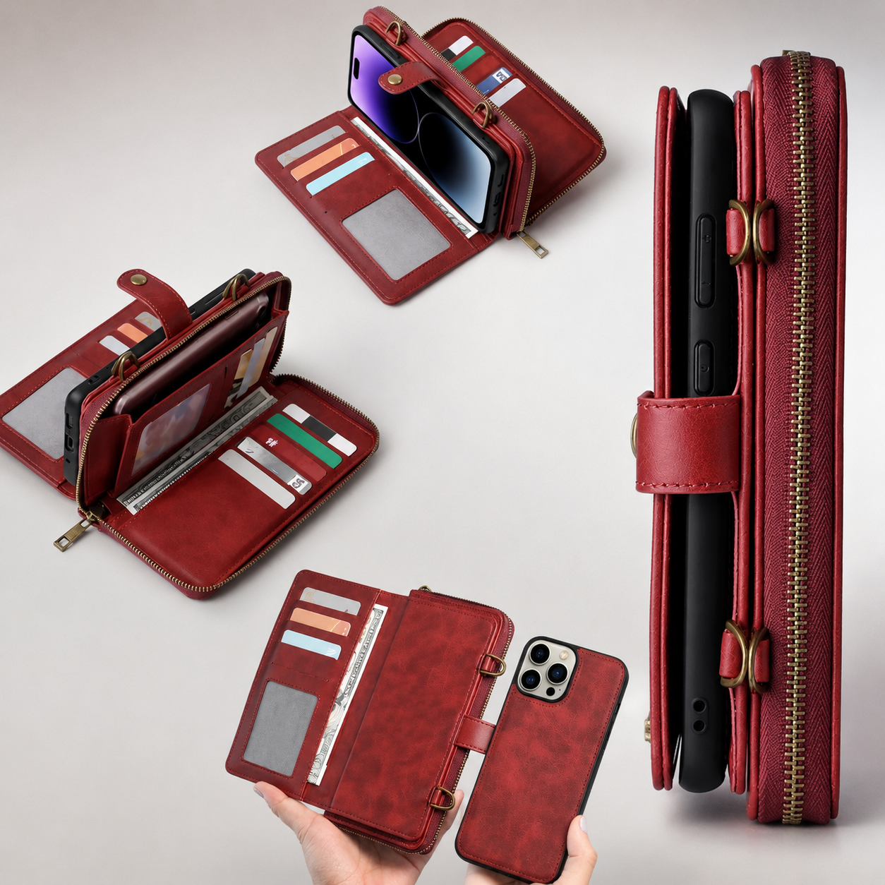 Premium iPhone Case 2 in 1 Detachable Wallet PU Leather Cover Zipper Purse Magnetic Flip Clasp Card Holder Shockproof Dual Layer Protection Lanyard