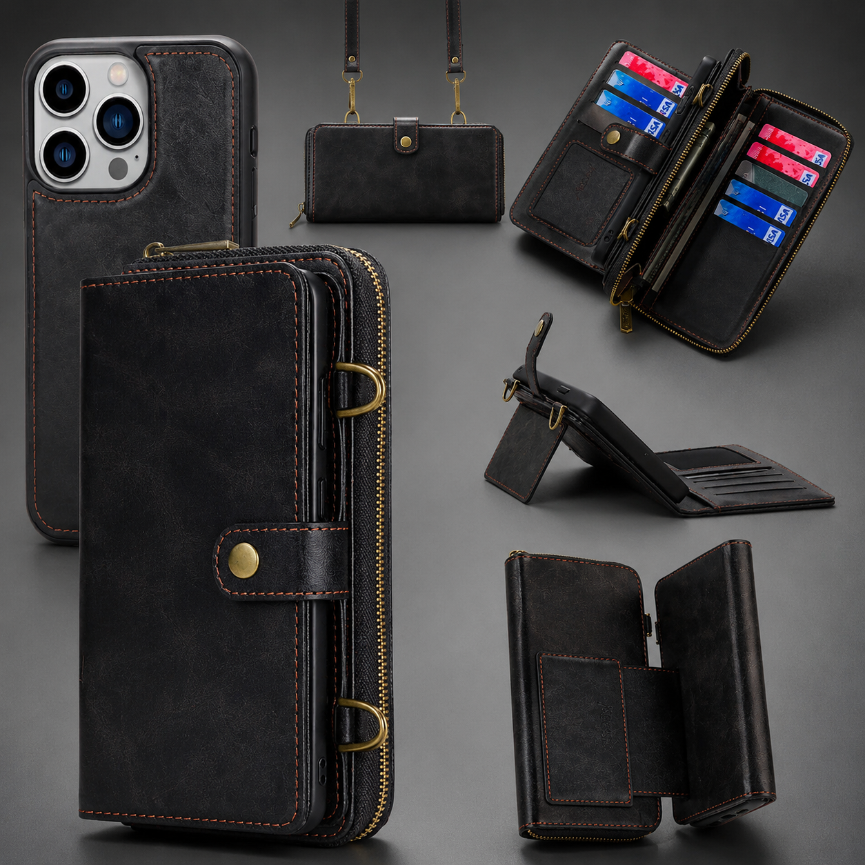 Premium iPhone Case 2 in 1 Detachable Wallet PU Leather Cover Zipper Purse Magnetic Flip Clasp Card Holder Shockproof Dual Layer Protection Lanyard