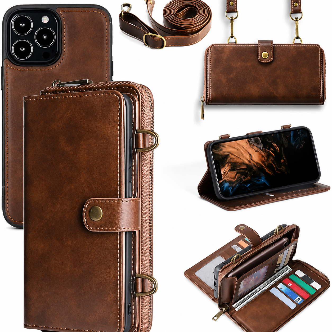 Premium iPhone Case 2 in 1 Detachable Wallet PU Leather Cover Zipper Purse Magnetic Flip Clasp Card Holder Shockproof Dual Layer Protection Lanyard