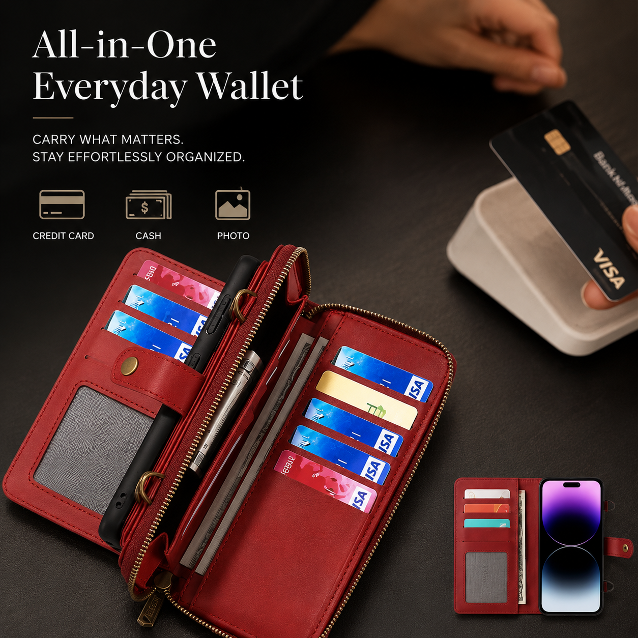 Premium iPhone Case 2 in 1 Detachable Wallet PU Leather Cover Zipper Purse Magnetic Flip Clasp Card Holder Shockproof Dual Layer Protection Lanyard