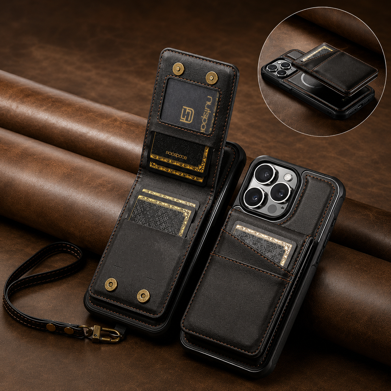 Premium iPhone Case 2-in-1 Magnetic Detachable Wallet Flip Cover Card Holder Cash Pocket Wrist Strap Shockproof Full Protection Slim Design