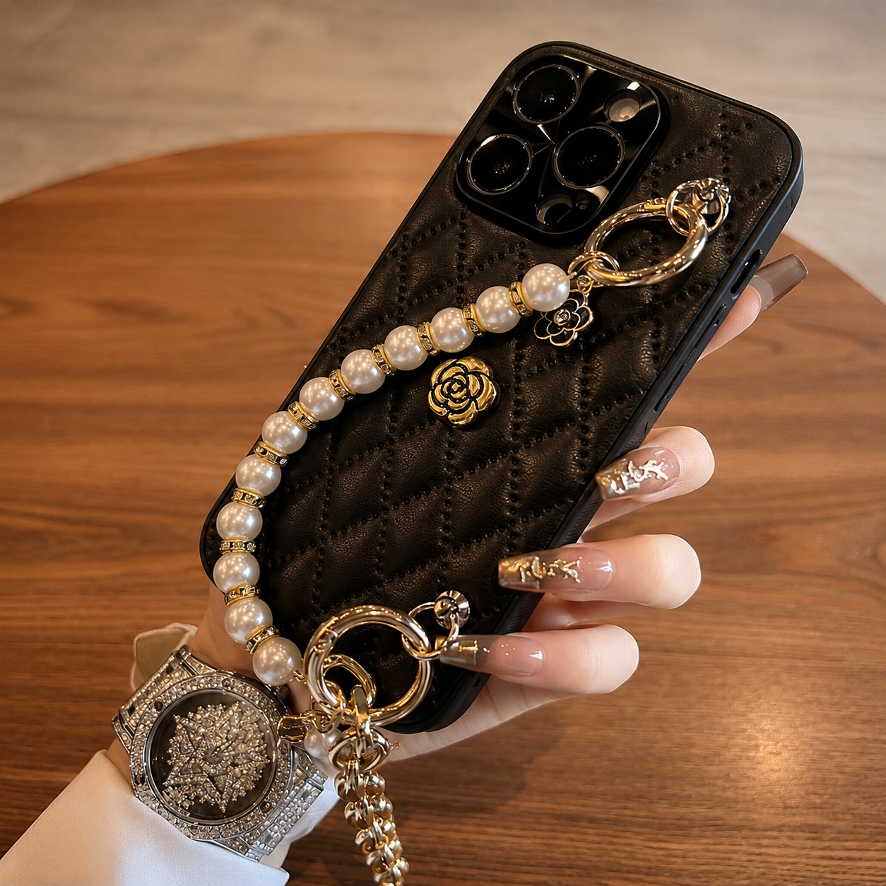 Premium iPhone Case 3D Camellia Floral Design Protective Cover Chain Strap Shockproof Anti Scratch Elegant Lightweight Slim Fit Decorative Accessory