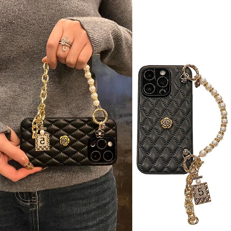 Premium iPhone Case 3D Camellia Floral Design Protective Cover Chain Strap Shockproof Anti Scratch Elegant Lightweight Slim Fit Decorative Accessory