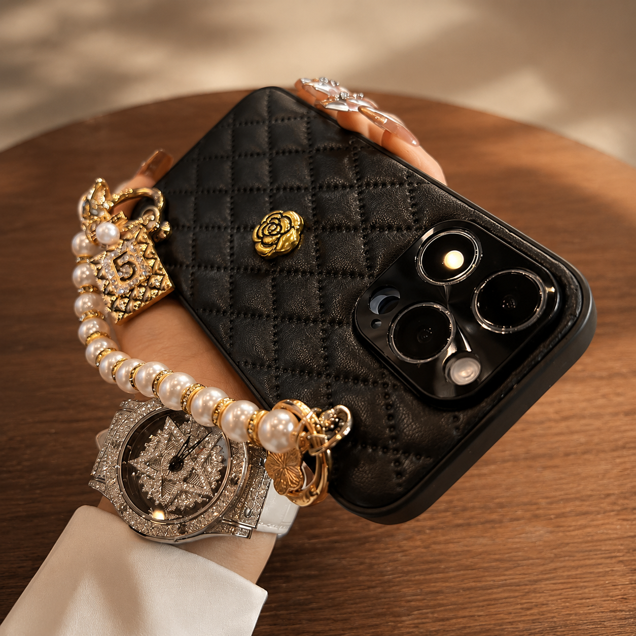 Premium iPhone Case 3D Camellia Floral Design Protective Cover Chain Strap Shockproof Anti Scratch Elegant Lightweight Slim Fit Decorative Accessory