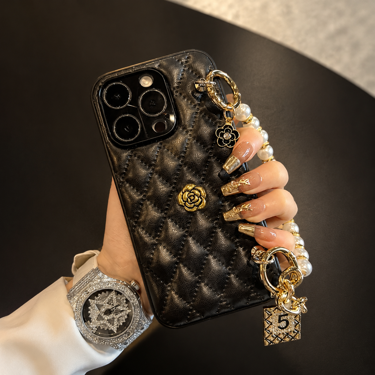 Premium iPhone Case 3D Camellia Floral Design Protective Cover Chain Strap Shockproof Anti Scratch Elegant Lightweight Slim Fit Decorative Accessory