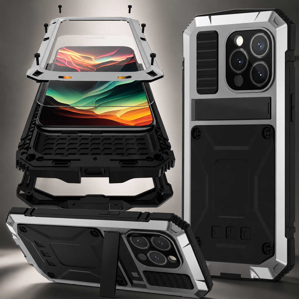 Premium iPhone Case Aluminum Armor Cover with Shockproof Bumper Design, Screen Guard Protection, Camera Lens Protection, Secure Grip and Durable Construction