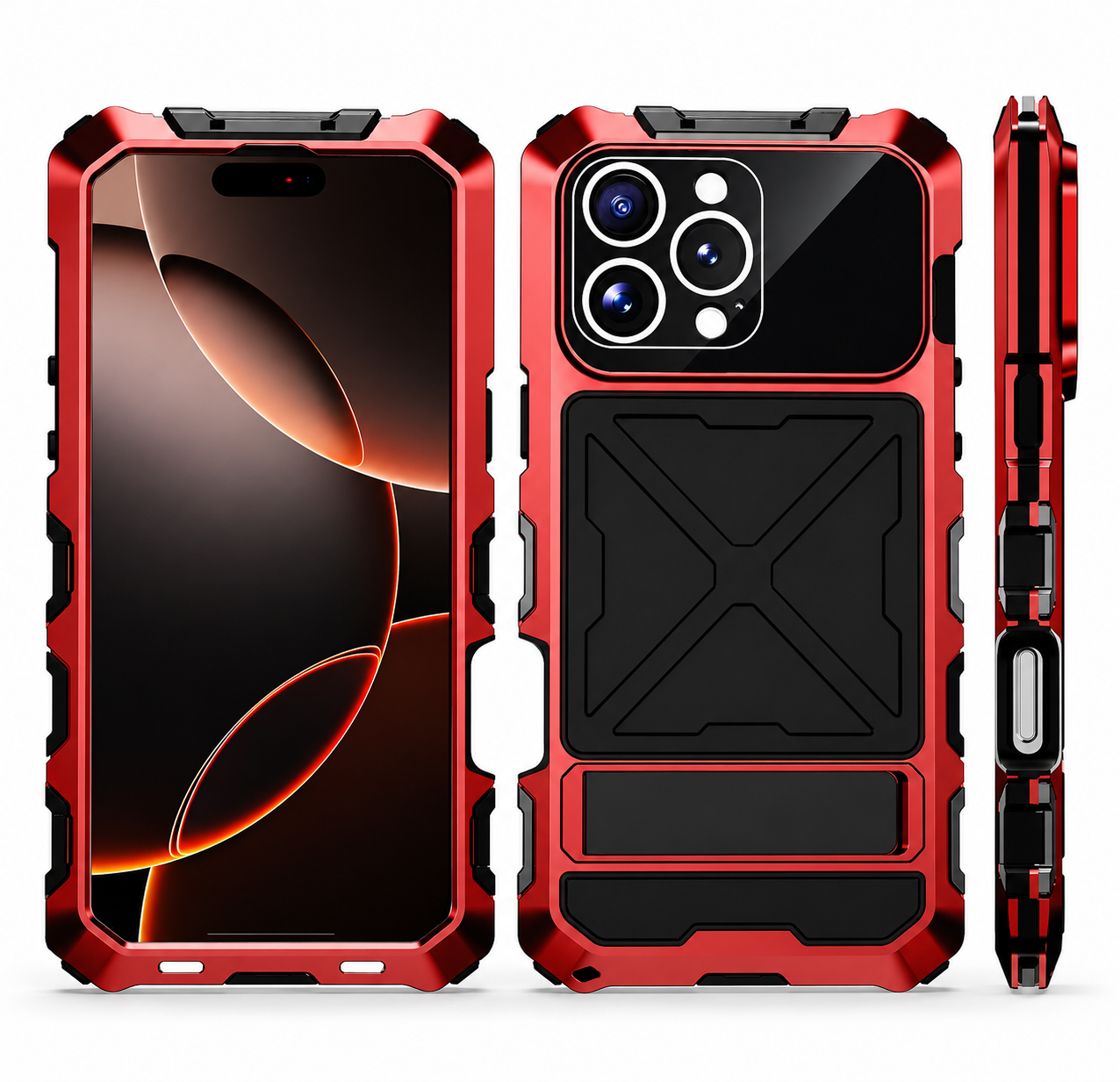 Premium iPhone Case Aluminum Armor Cover with Tempered Glass Screen Protection, Camera Lens Guard, Shockproof Design, Built In Kickstand and Secure Grip