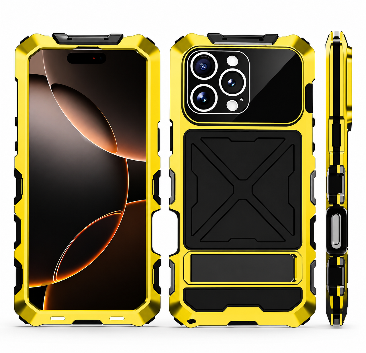 Premium iPhone Case Aluminum Armor Cover with Tempered Glass Screen Protection, Camera Lens Guard, Shockproof Design, Built In Kickstand and Secure Grip