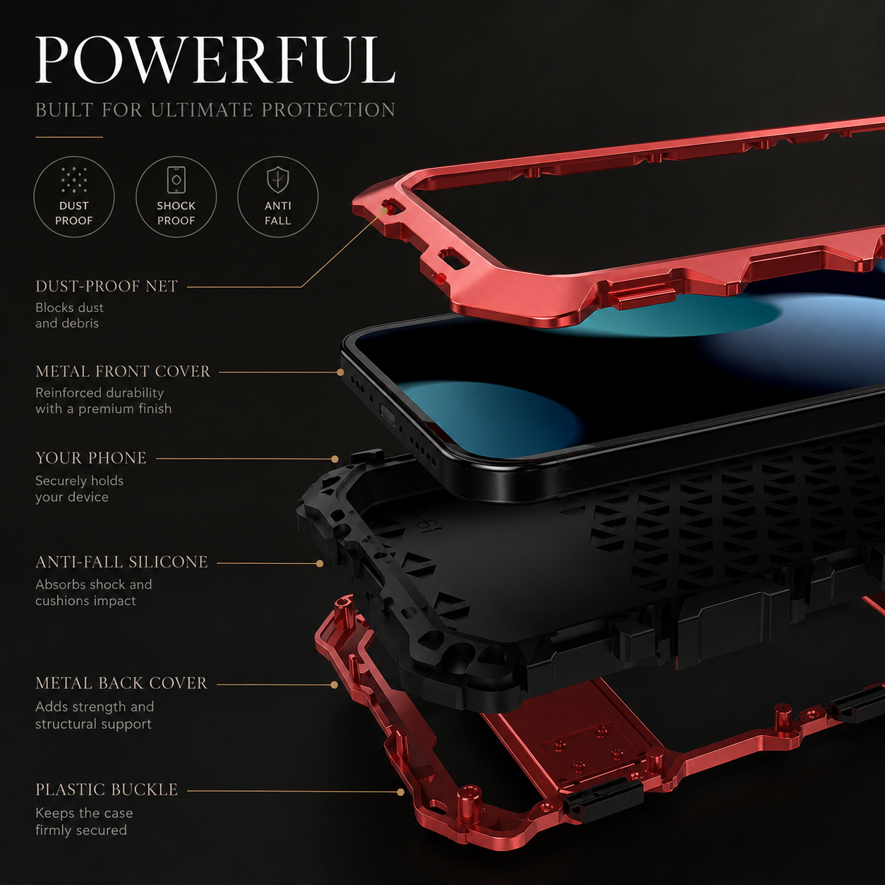Premium iPhone Case Aluminum Armor Cover with Tempered Glass Screen Protection, Camera Lens Guard, Shockproof Design, Built In Kickstand and Secure Grip