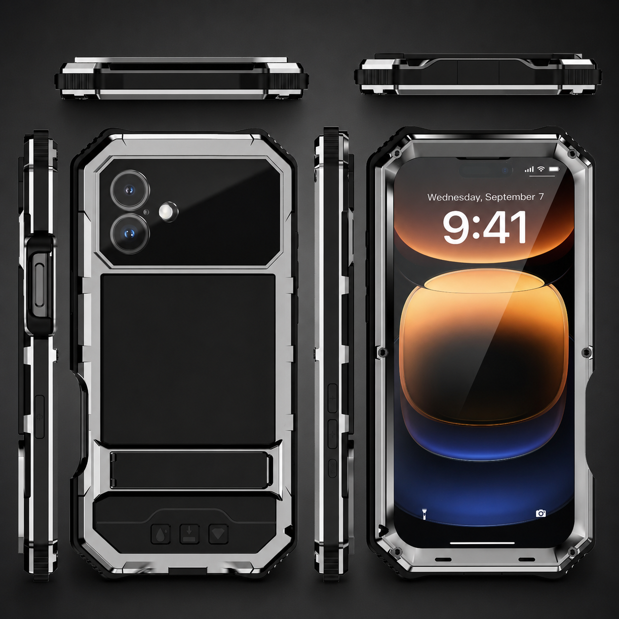 Premium iPhone Case Aluminum Armor Cover with Tempered Glass Screen Protection, Camera Lens Protection, Shockproof Dual Layer Design and Built In Kickstand