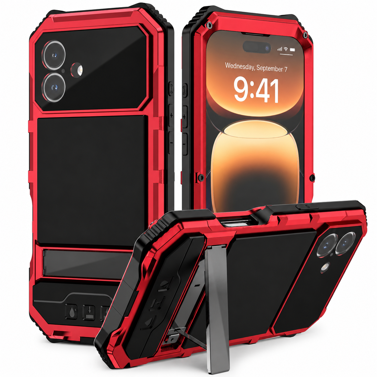 Premium iPhone Case Aluminum Armor Cover with Tempered Glass Screen Protection, Camera Lens Protection, Shockproof Dual Layer Design and Built In Kickstand
