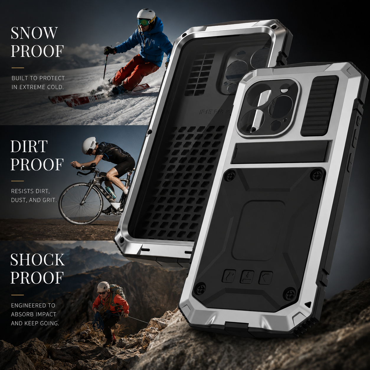 Premium iPhone Case Aluminum Metal Full Body Cover with Tempered Glass Screen Protection, Camera Lens Slider, Shockproof Design and Multi Angle Kickstand