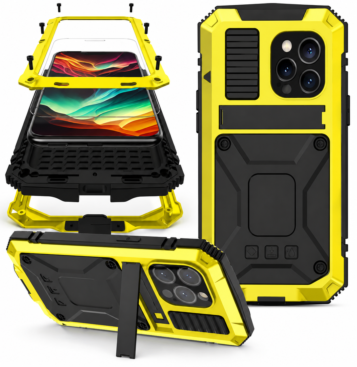 Premium iPhone Case Aluminum Metal Full Body Cover with Tempered Glass Screen Protection, Camera Lens Slider, Shockproof Design and Multi Angle Kickstand