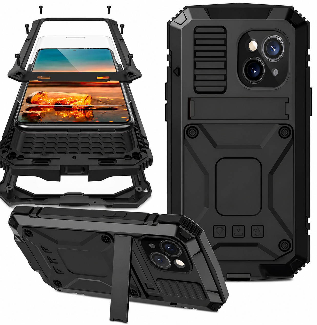 Premium iPhone Case Aluminum Metal Full Body Cover with Tempered Glass Screen Protection, Camera Lens Slider, Shockproof Design and Multi Angle Kickstand