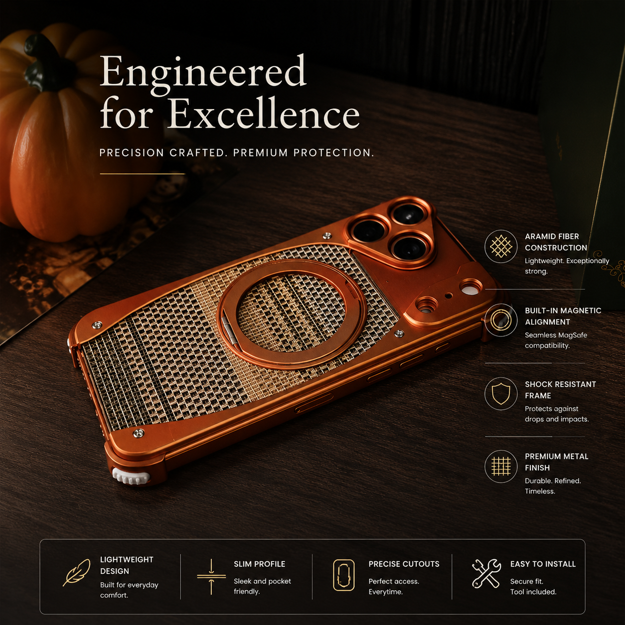 Premium iPhone Case Aluminum Metal Golden Thread Magnetic Design with Shockproof Bracket, Drop Resistant Construction and Durable Everyday Protection