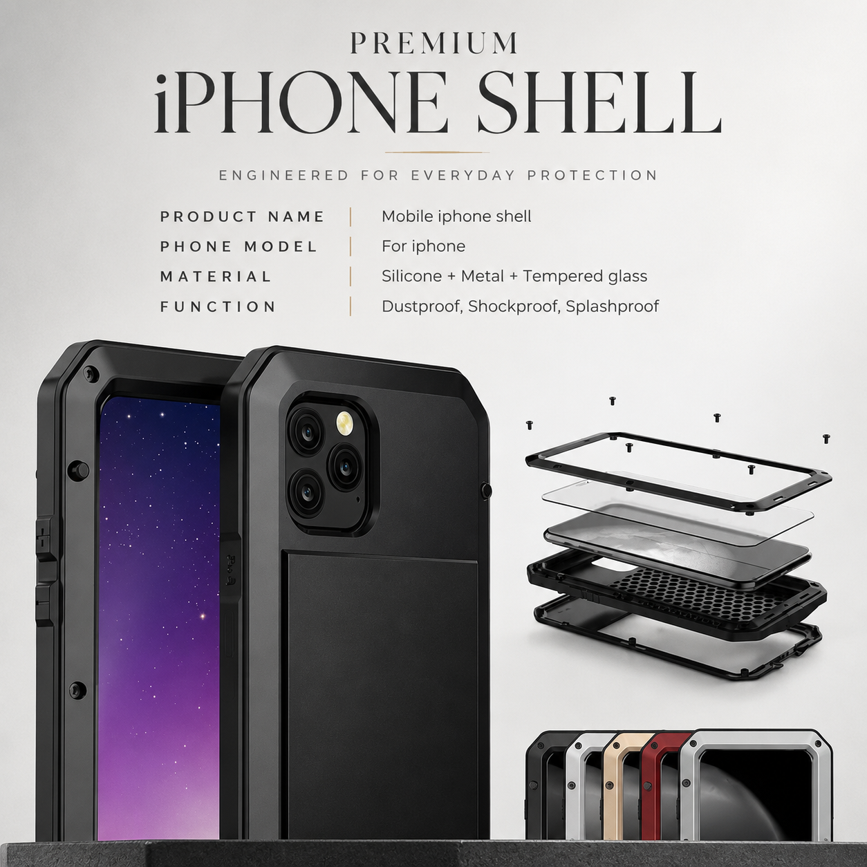 Premium iPhone Case Camera Lens Protection Shockproof Cover Aluminum Metal Armor Bumper Anti Fingerprint Non Slip Dustproof Full Coverage Design