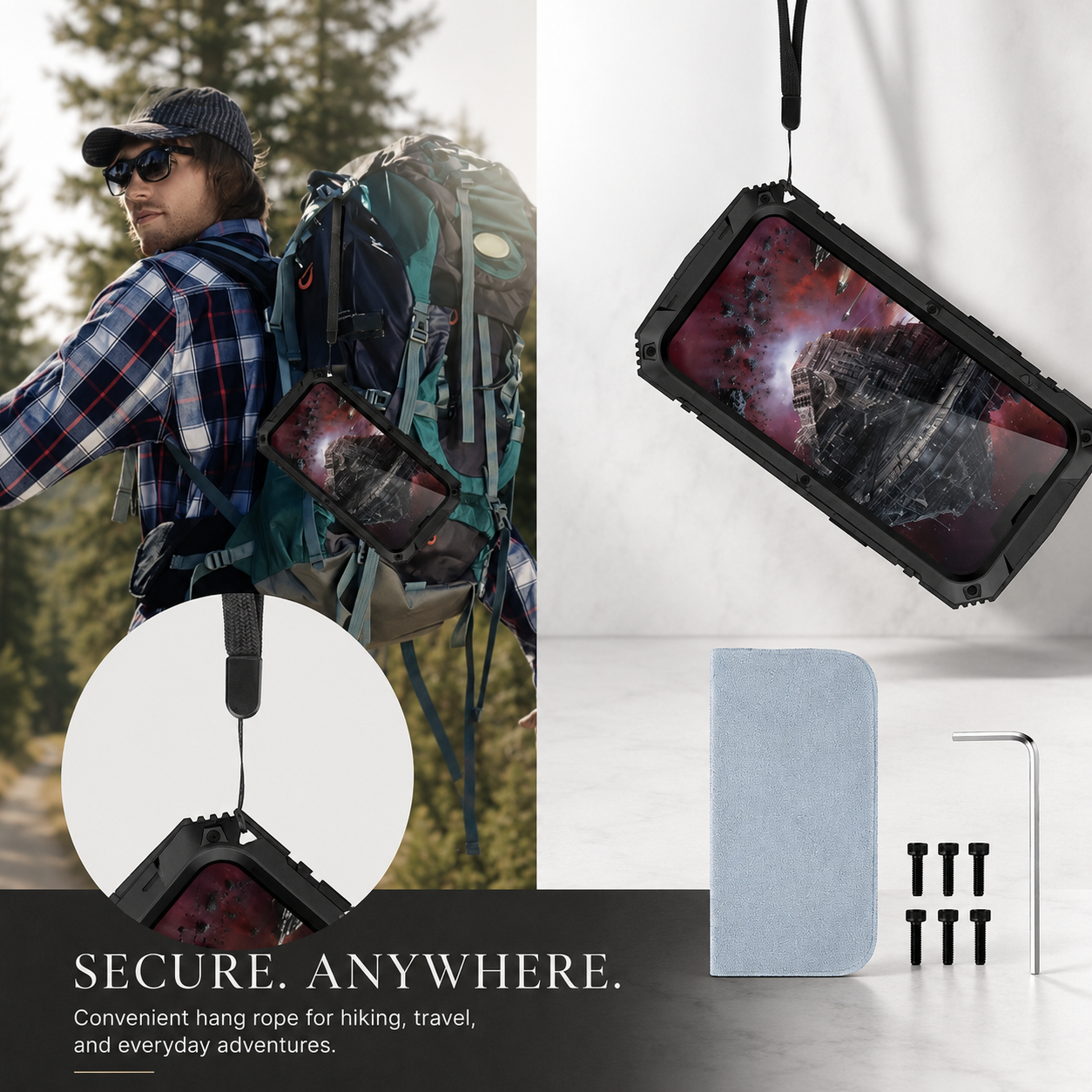 Premium iPhone Case Camera Lens Protection Shockproof Cover Aluminum Metal Armor Tempered Glass Screen Water Resistant Full Body Kickstand Design