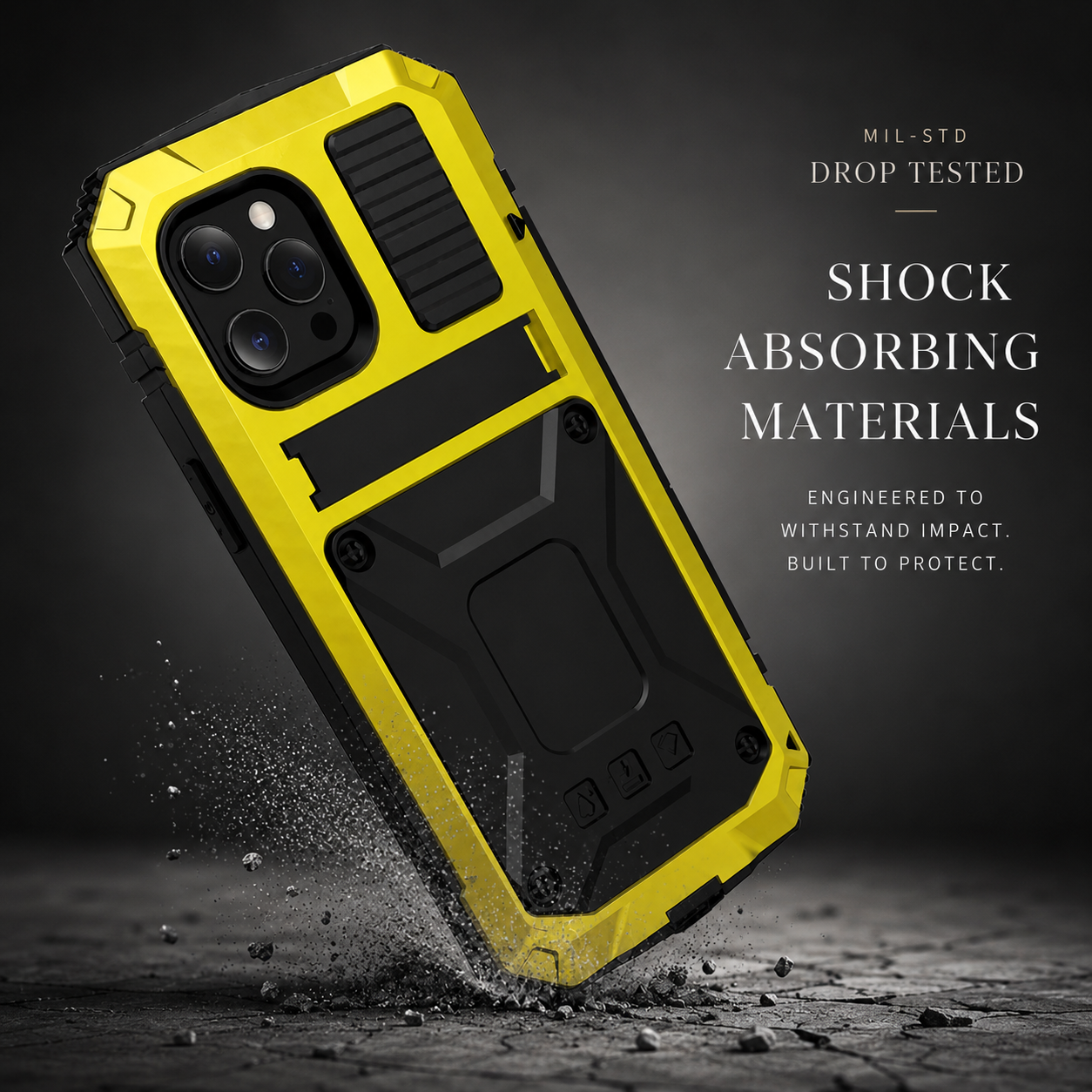 Premium iPhone Case Camera Lens Protection Shockproof Cover Aluminum Metal Armor Tempered Glass Screen Water Resistant Full Body Kickstand Design