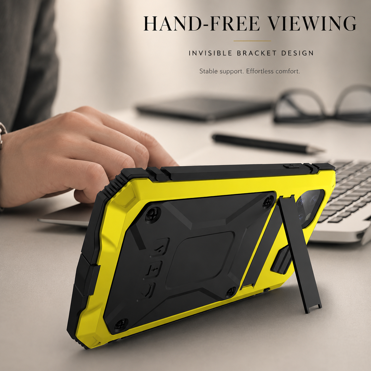 Premium iPhone Case Camera Lens Protection Shockproof Cover Aluminum Metal Armor Tempered Glass Screen Water Resistant Full Body Kickstand Design