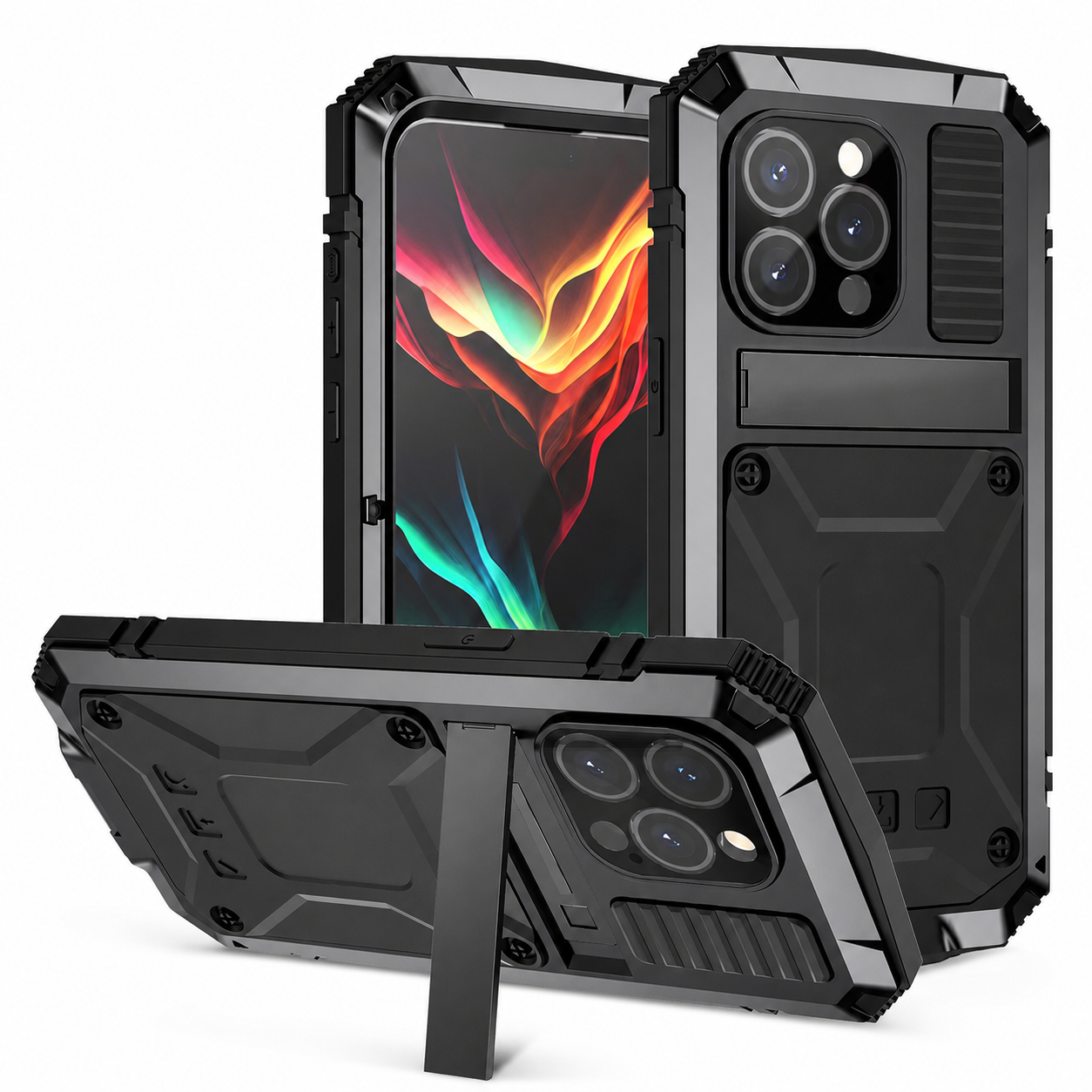 Premium iPhone Case Camera Lens Protection Shockproof Cover Aluminum Metal Armor Tempered Glass Screen Water Resistant Full Body Kickstand Design