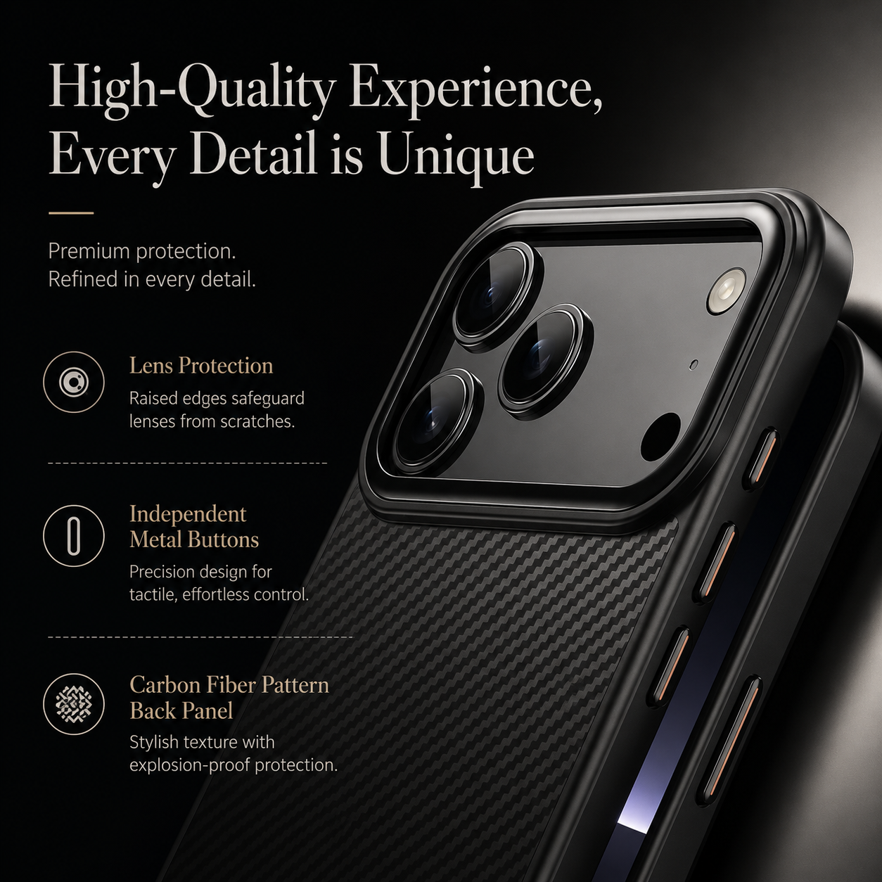 Premium iPhone Case Camera Lens Protection Shockproof Cover Carbon Fiber Anti Fingerprint Non Slip Scratch Resistant Wireless Charging Compatible Design
