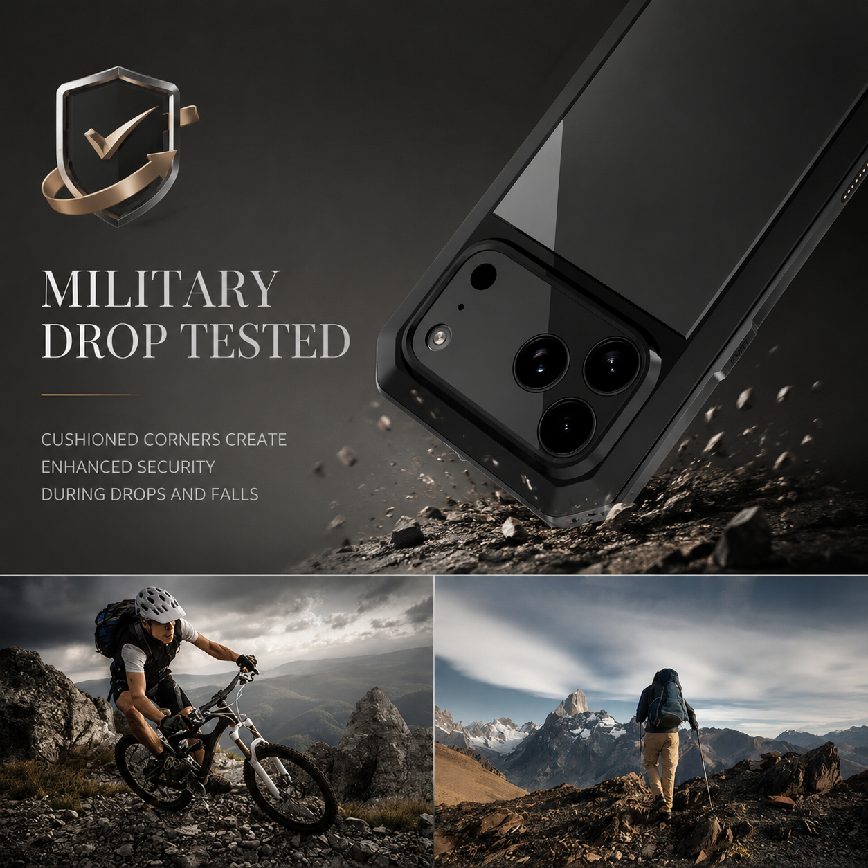 Premium iPhone Case Camera Lens Protection Shockproof Cover Heavy Duty Metal Frame Built In Glass Screen Protector TPU PC Rugged Armor Design