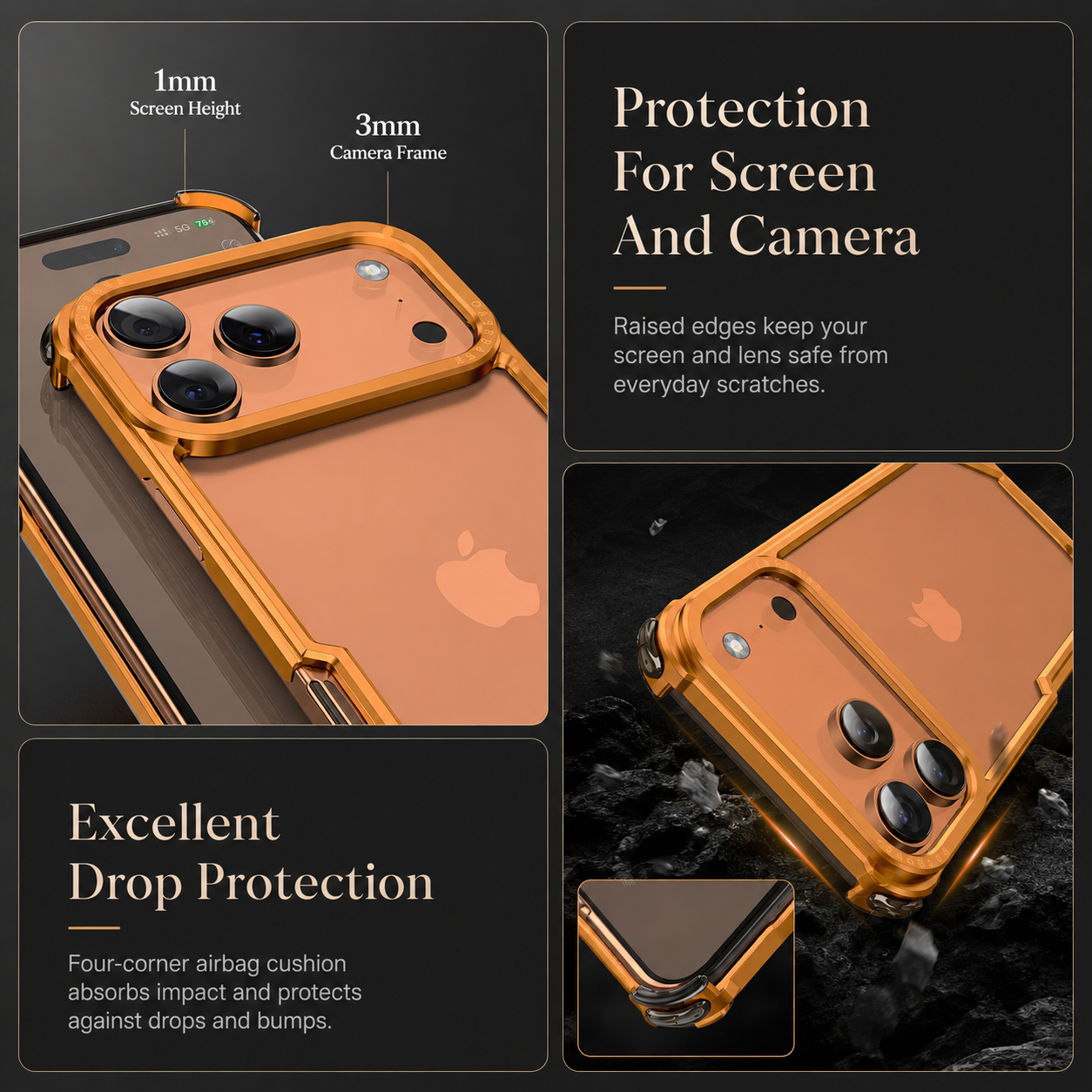 Premium iPhone Case Camera Lens Protection Shockproof Protective Cover Aluminum Alloy Frameless Wireless Charging Compatible Minimalist Design