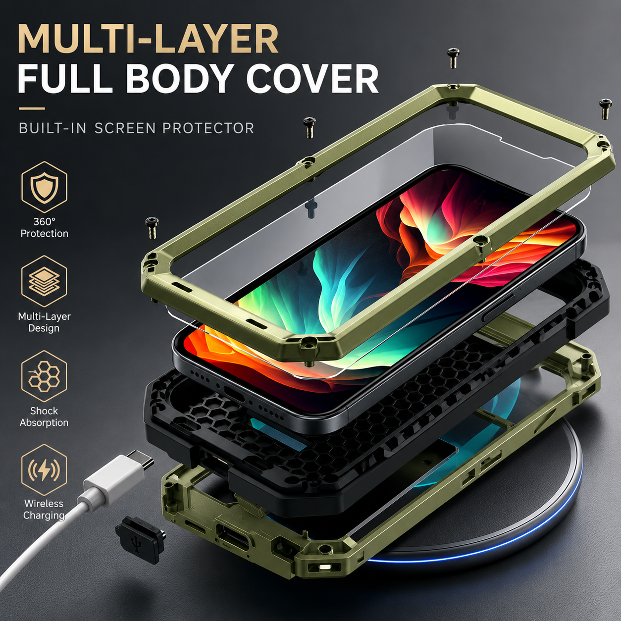 Premium iPhone Case Camera Lens Protection Shockproof Protective Cover Built In Screen Protection Heavy Duty Metal Armor Kickstand Design