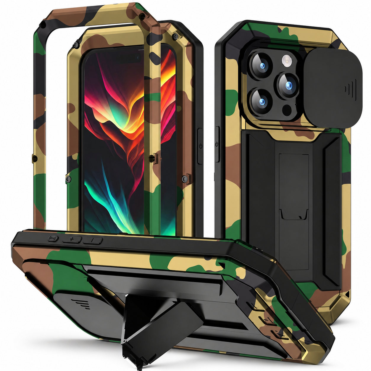 Premium iPhone Case Camera Lens Protection Shockproof Protective Cover Built In Screen Protection Heavy Duty Metal Armor Kickstand Design