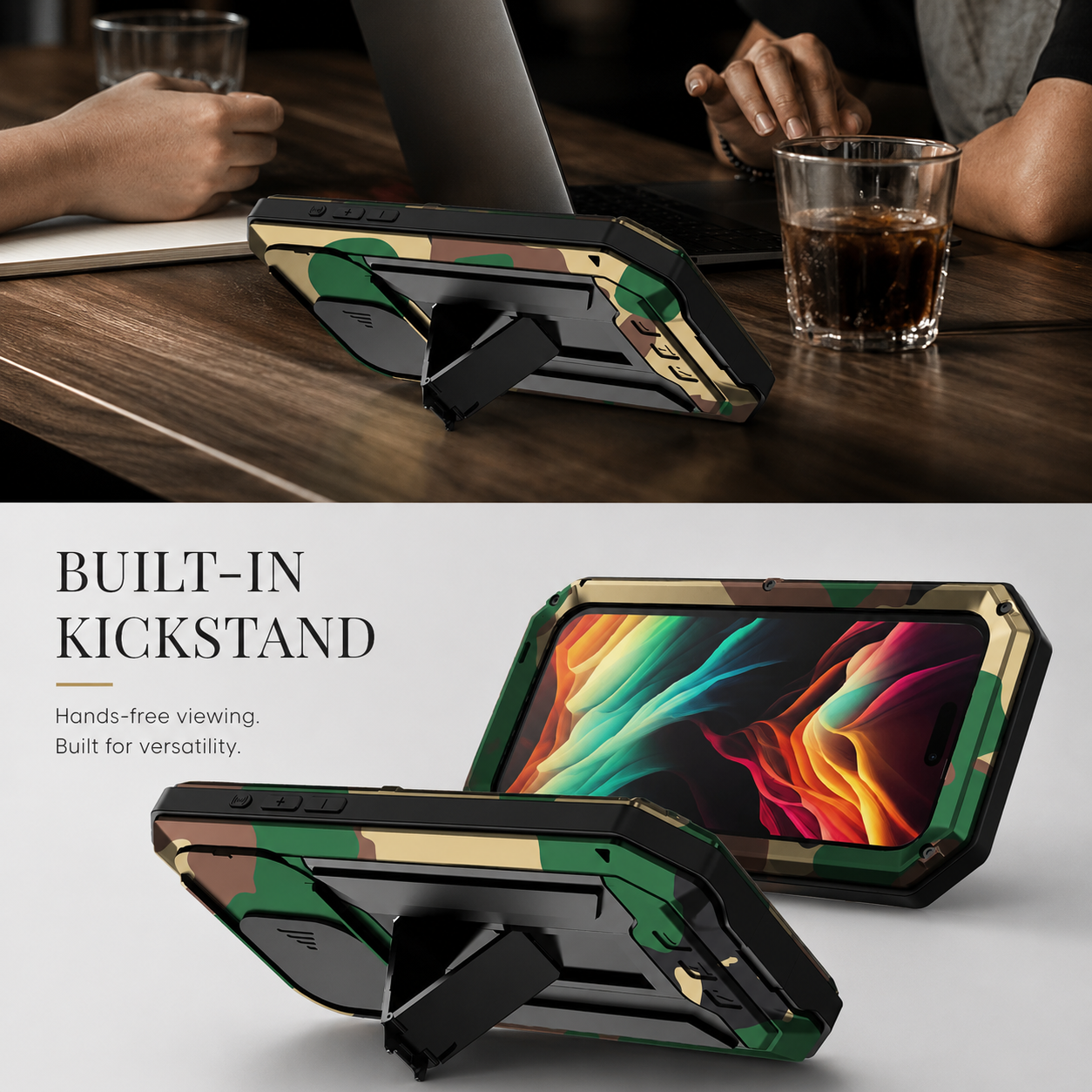 Premium iPhone Case Camera Lens Protection Shockproof Protective Cover Built In Screen Protection Heavy Duty Metal Armor Kickstand Design