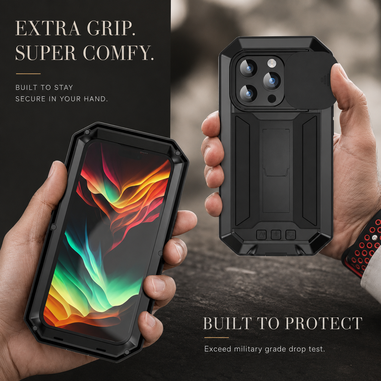 Premium iPhone Case Camera Lens Protection Shockproof Protective Cover Built In Screen Protection Heavy Duty Metal Armor Kickstand Design