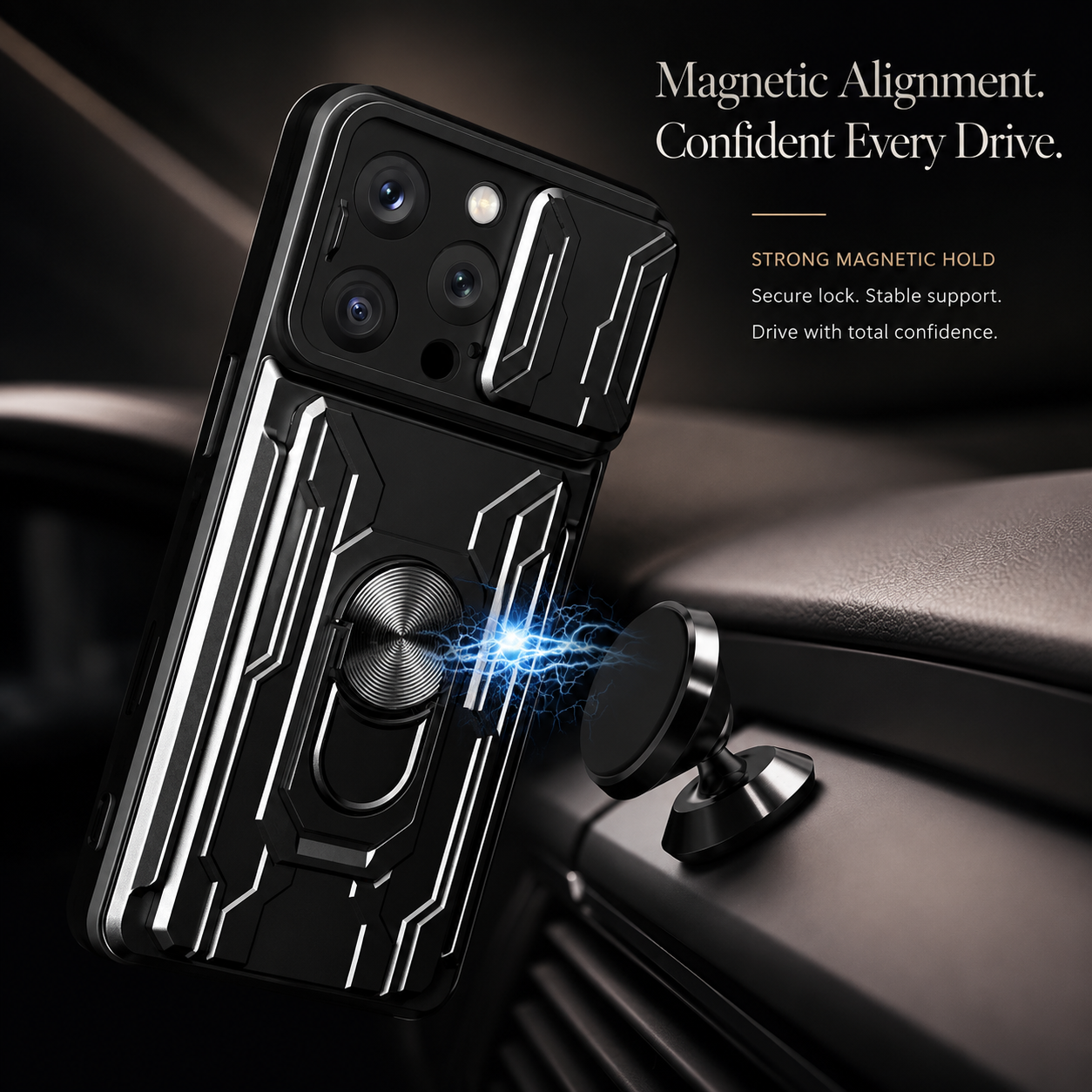Premium iPhone Case Camera Lens Protection Shockproof Protective Cover Card Holder Ring Stand Magnetic Mount Dual Layer Armor Design