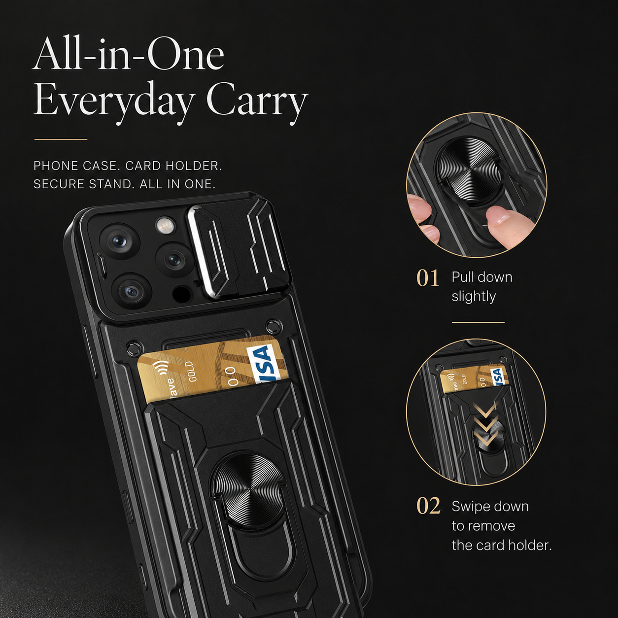 Premium iPhone Case Camera Lens Protection Shockproof Protective Cover Card Holder Ring Stand Magnetic Mount Dual Layer Armor Design