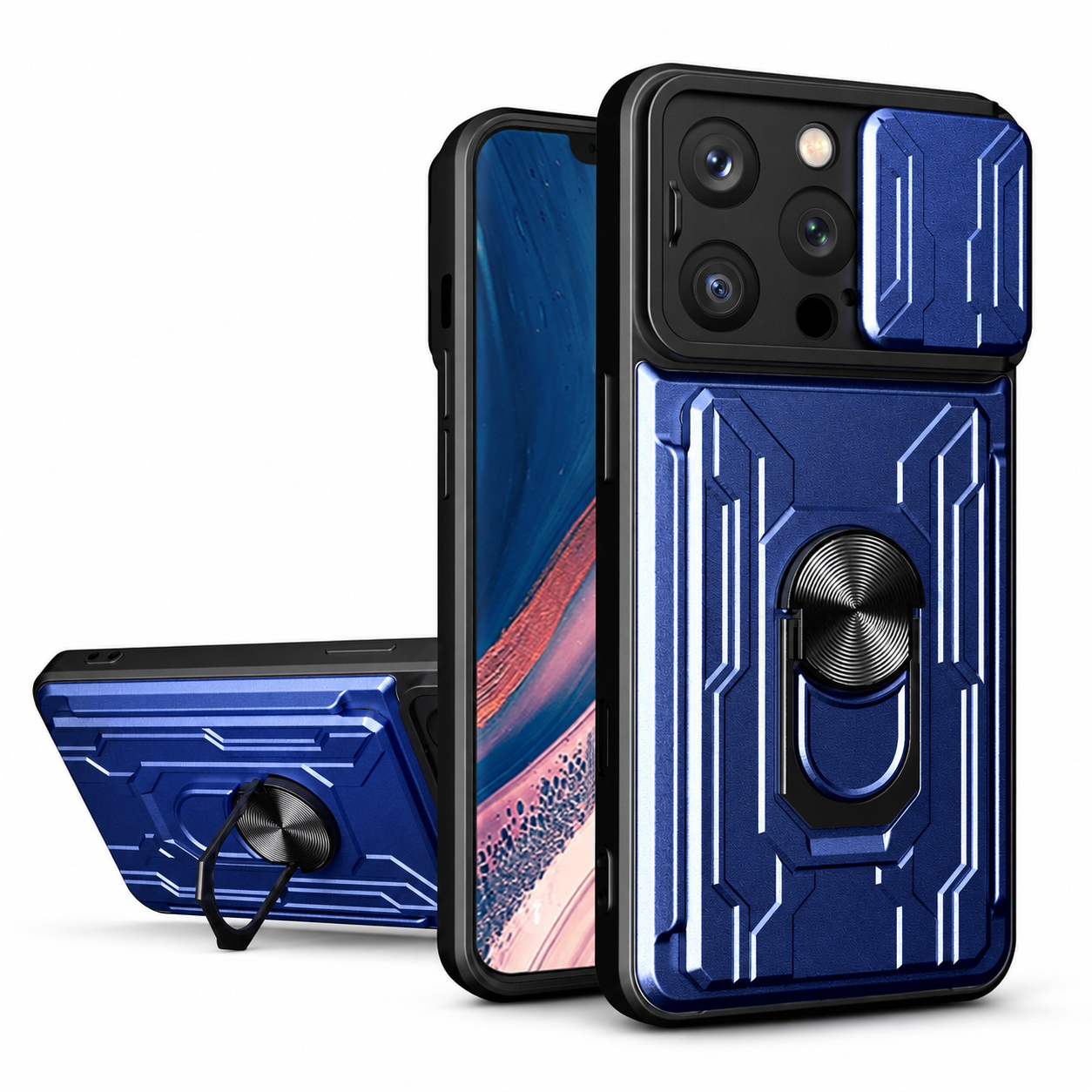 Premium iPhone Case Camera Lens Protection Shockproof Protective Cover Card Holder Ring Stand Magnetic Mount Dual Layer Armor Design