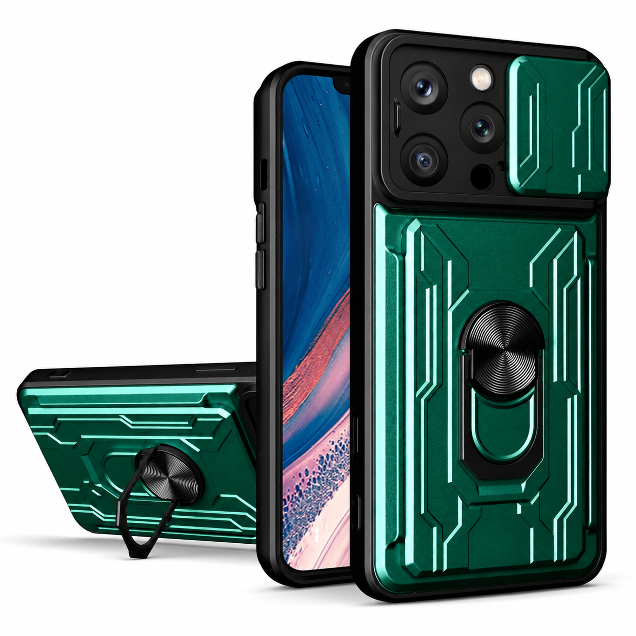 Premium iPhone Case Camera Lens Protection Shockproof Protective Cover Card Holder Ring Stand Magnetic Mount Dual Layer Armor Design