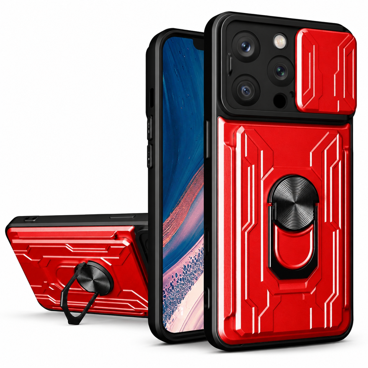 Premium iPhone Case Camera Lens Protection Shockproof Protective Cover Card Holder Ring Stand Magnetic Mount Dual Layer Armor Design