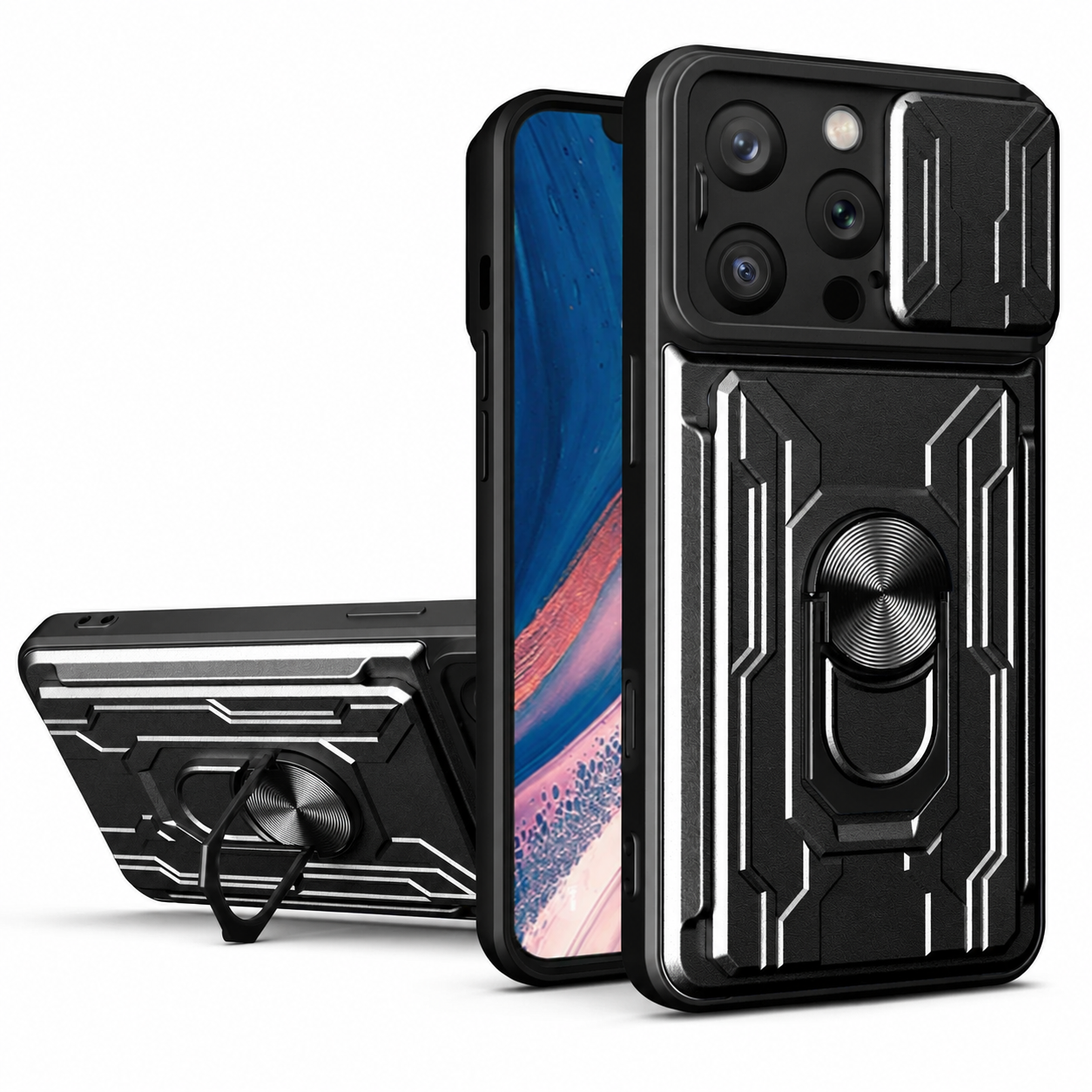 Premium iPhone Case Camera Lens Protection Shockproof Protective Cover Card Holder Ring Stand Magnetic Mount Dual Layer Armor Design