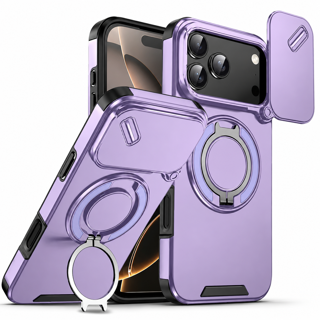 Premium iPhone Case Camera Lens Protection Shockproof Protective Cover Military Armor Magnetic Ring Stand Dual Layer Drop Resistant Bumper Design