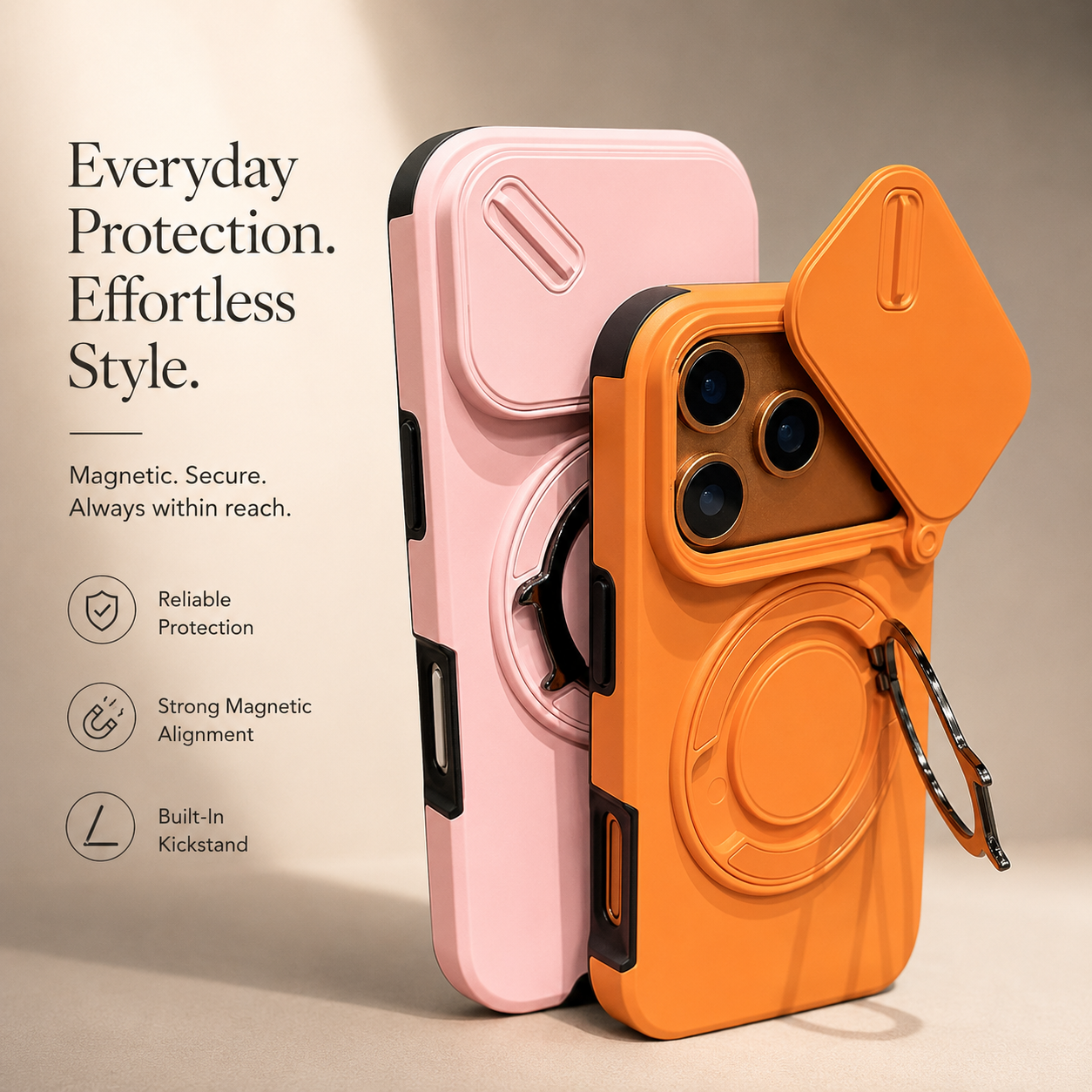 Premium iPhone Case Camera Lens Protection Shockproof Protective Cover Military Armor Magnetic Ring Stand Dual Layer Drop Resistant Bumper Design