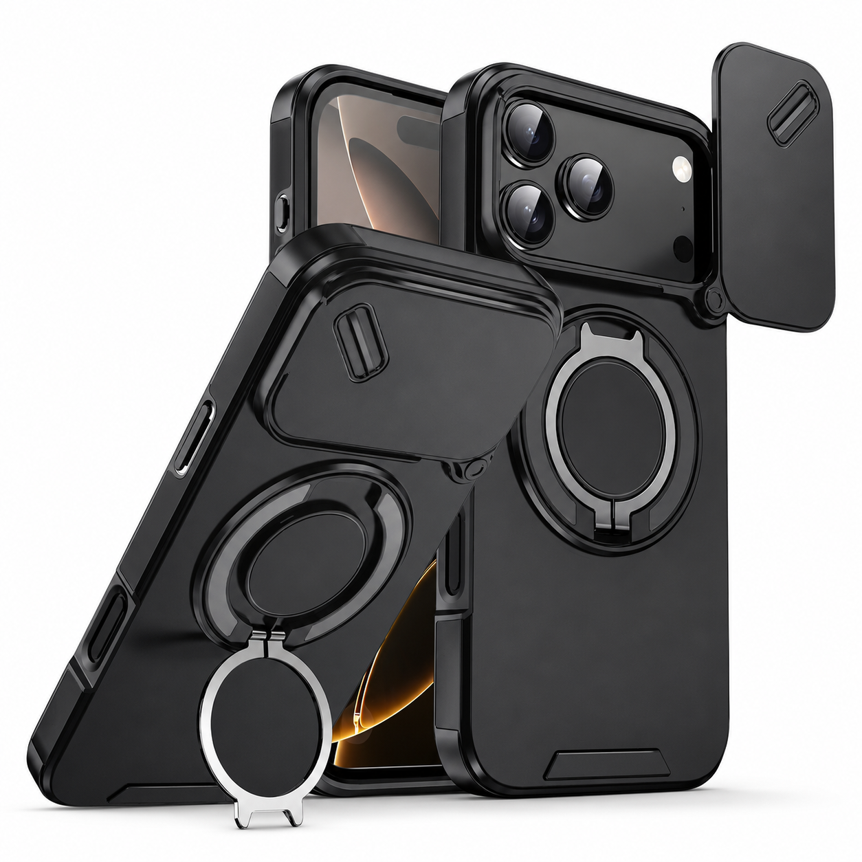 Premium iPhone Case Camera Lens Protection Shockproof Protective Cover Military Armor Magnetic Ring Stand Dual Layer Drop Resistant Bumper Design