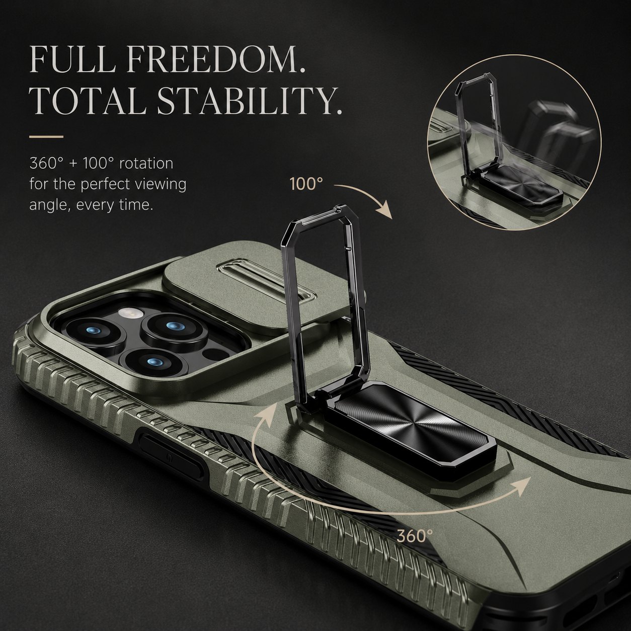 Premium iPhone Case Camera Lens Protection Shockproof Protective Cover Slide Camera Cover Rotary Stand Military Grade Anti Slip Design