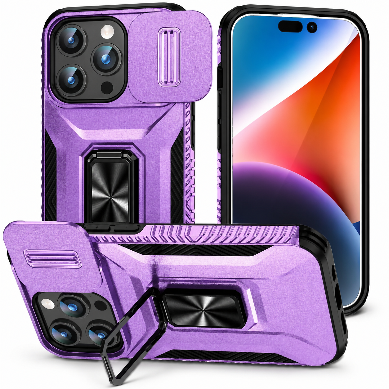 Premium iPhone Case Camera Lens Protection Shockproof Protective Cover Slide Camera Cover Rotary Stand Military Grade Anti Slip Design