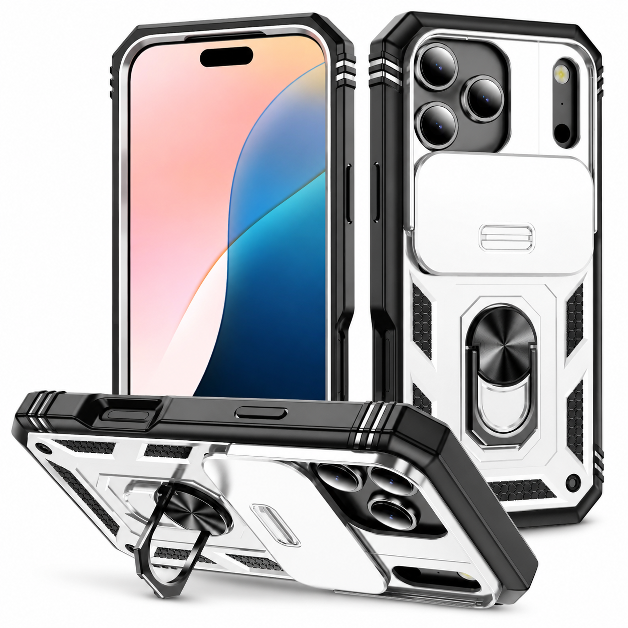 Premium iPhone Case Camera Lens Protection Shockproof Protective Cover Sliding Camera Cover 360 Rotating Kickstand Heavy Duty Design