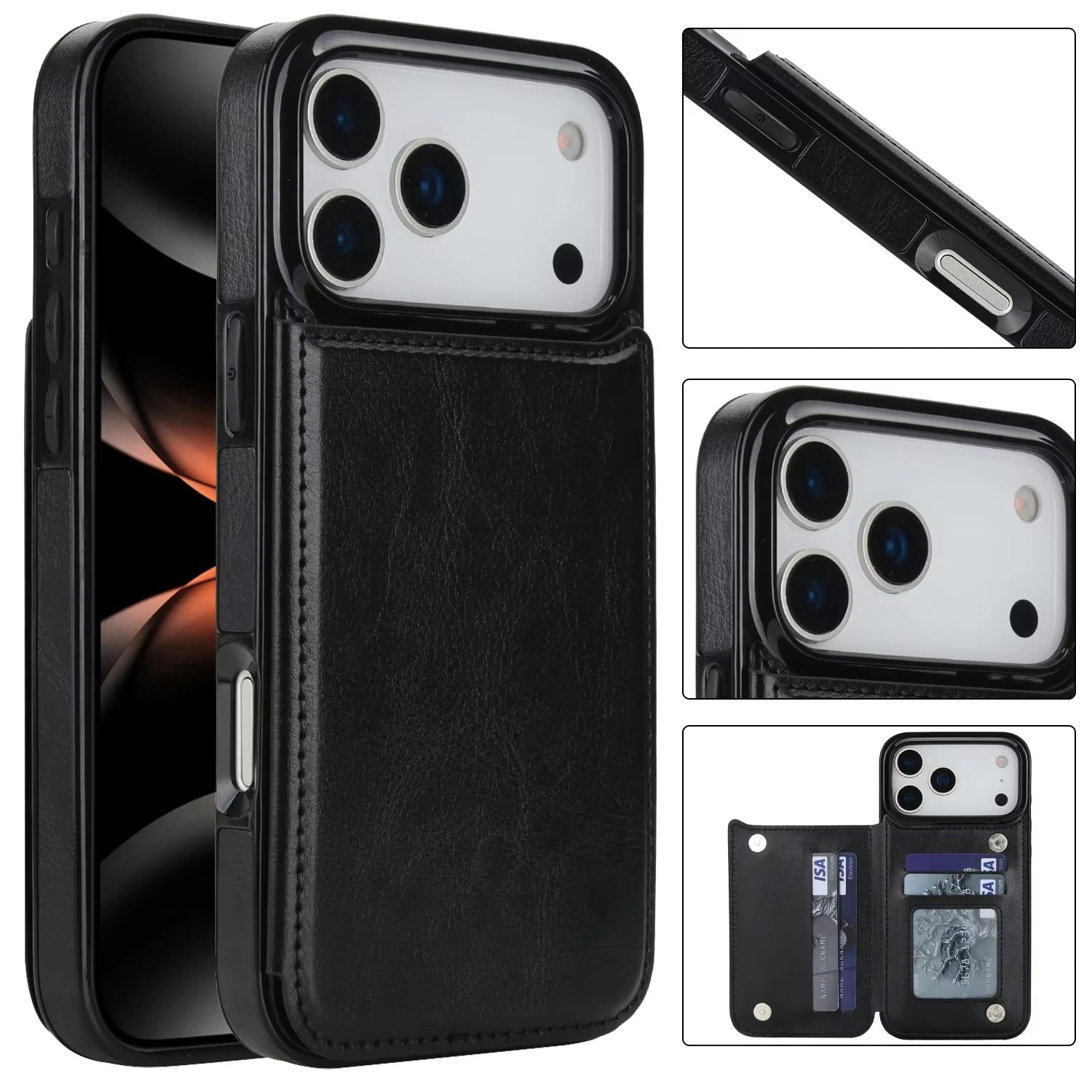 Premium iPhone Case Card Holder Wallet Cover Shockproof Protective Case Faux Leather Kickstand Double Magnetic Clasp Anti Scratch Slim Everyday Design