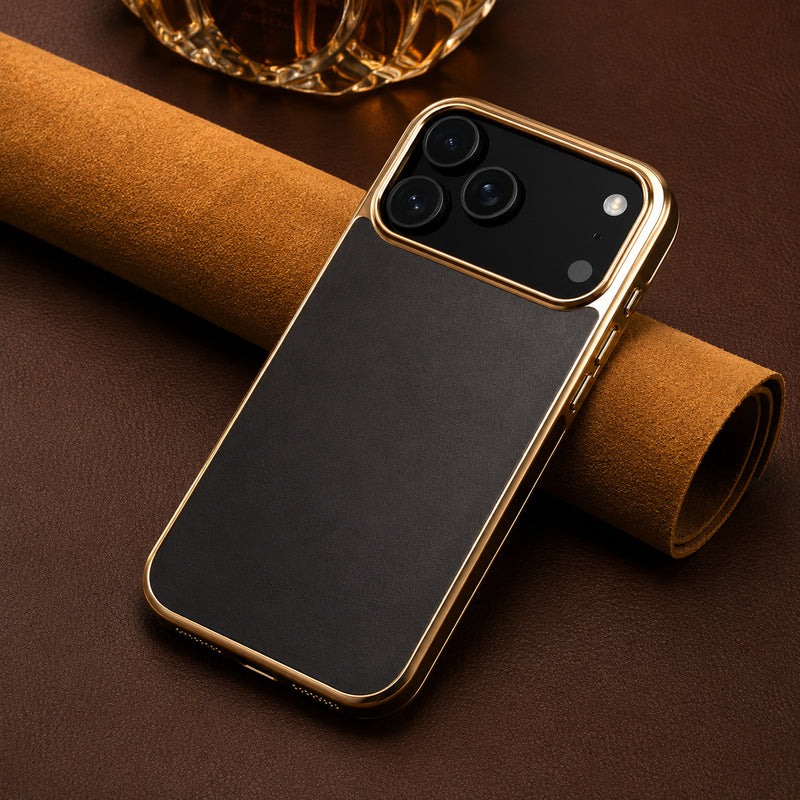 Premium iPhone Case Cowhide Leather Cover Camera Lens Protection Electroplated Edge Non Slip Heat Resistant Protective Design Soft Touch Matte Finish