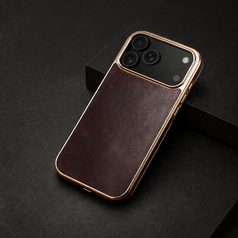 Premium iPhone Case Cowhide Leather Cover Camera Lens Protection Electroplated Edge Non Slip Heat Resistant Protective Design Soft Touch Matte Finish