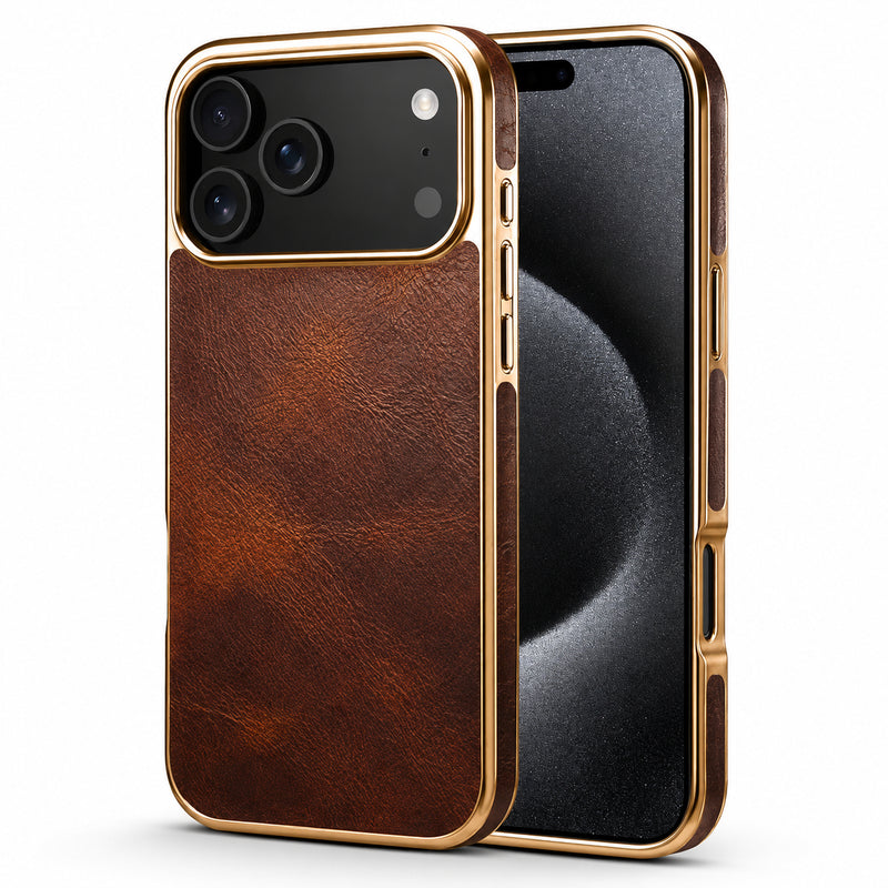 Premium iPhone Case Cowhide Leather Cover Camera Lens Protection Electroplated Edge Non Slip Heat Resistant Protective Design Soft Touch Matte Finish