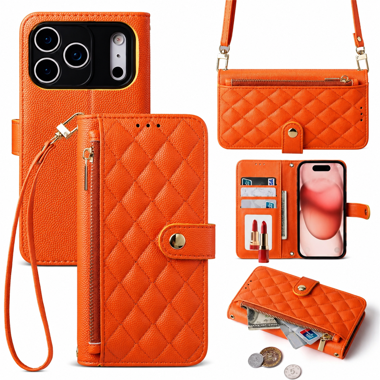 Premium iPhone Case Crossbody PU Leather Wallet Cover with Card Holder and Lanyard Strap, Anti Scratch Non Slip Surface, Durable Protective Design